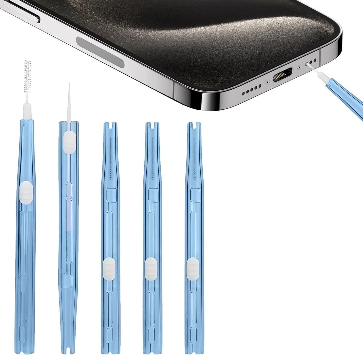 Complete Reinigingsset voor Oplaadpoorten - Dubbelzijdige Mini Borstel en Haak, USB-C Reinigingskit voor Telefoon, Oordopjes en Speakers in Blauw