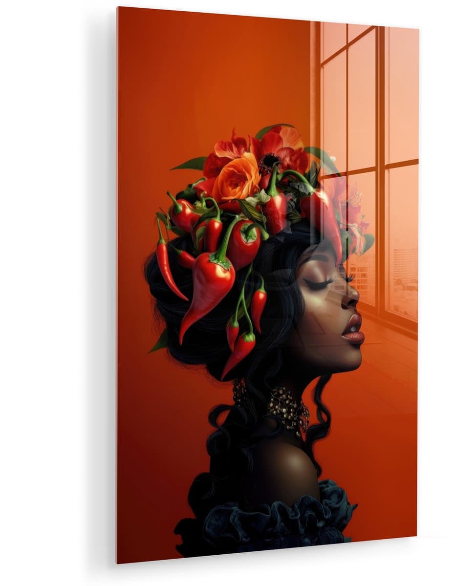 MuchoWow® Glasschilderij 60x90 cm - Schilderij acrylglas - Vrouw - Chilipepers - Pepers - Bloemen - Foto op glas - Muurdecoratie woonkamer - Wanddecoratie slaapkamer - Schilderijen