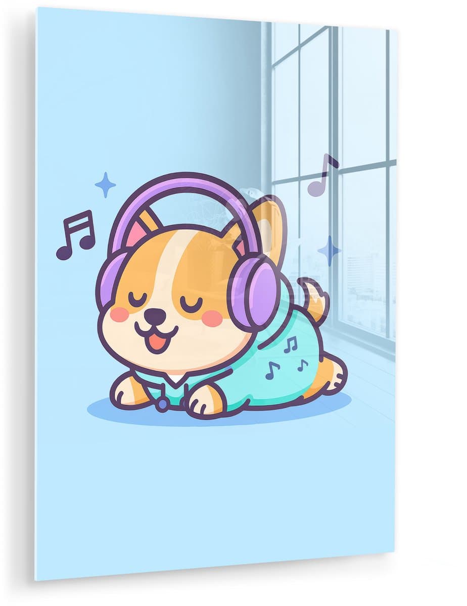 MuchoWow® Glasschilderij 90x120 cm - Schilderij acrylglas - Corgi - Koptelefoon - Blauw - Muzieknoten - Foto op glas - Muurdecoratie woonkamer - Wanddecoratie slaapkamer - Schilderijen
