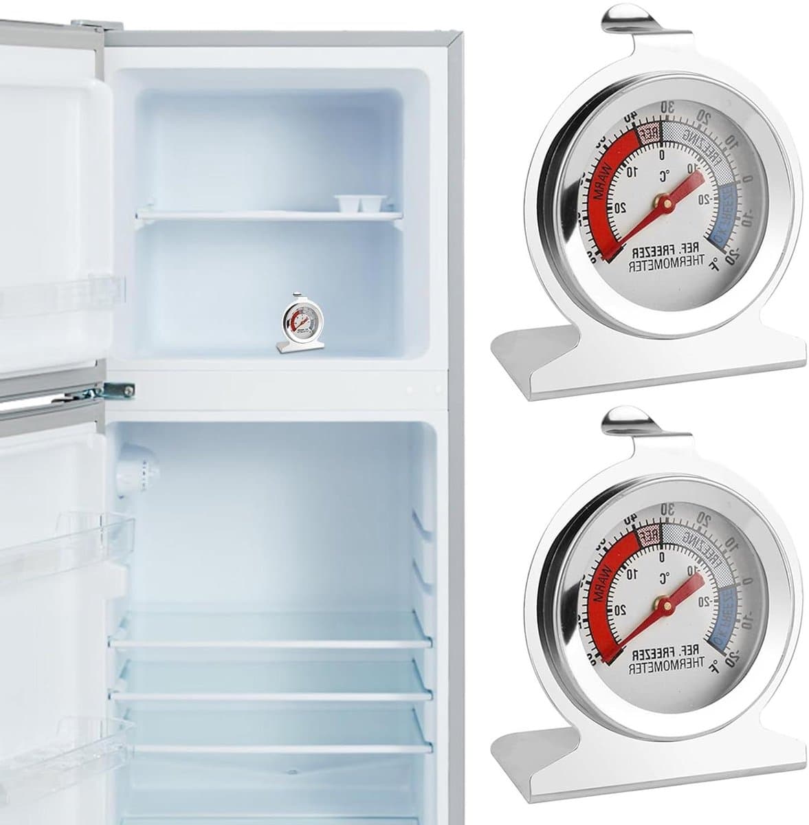 Koelkast en vriezer thermometers set van 2, roestvrijstalen thermometer -30 °C tot 30 °C, breed en helder display, professioneel gebruik in huis.