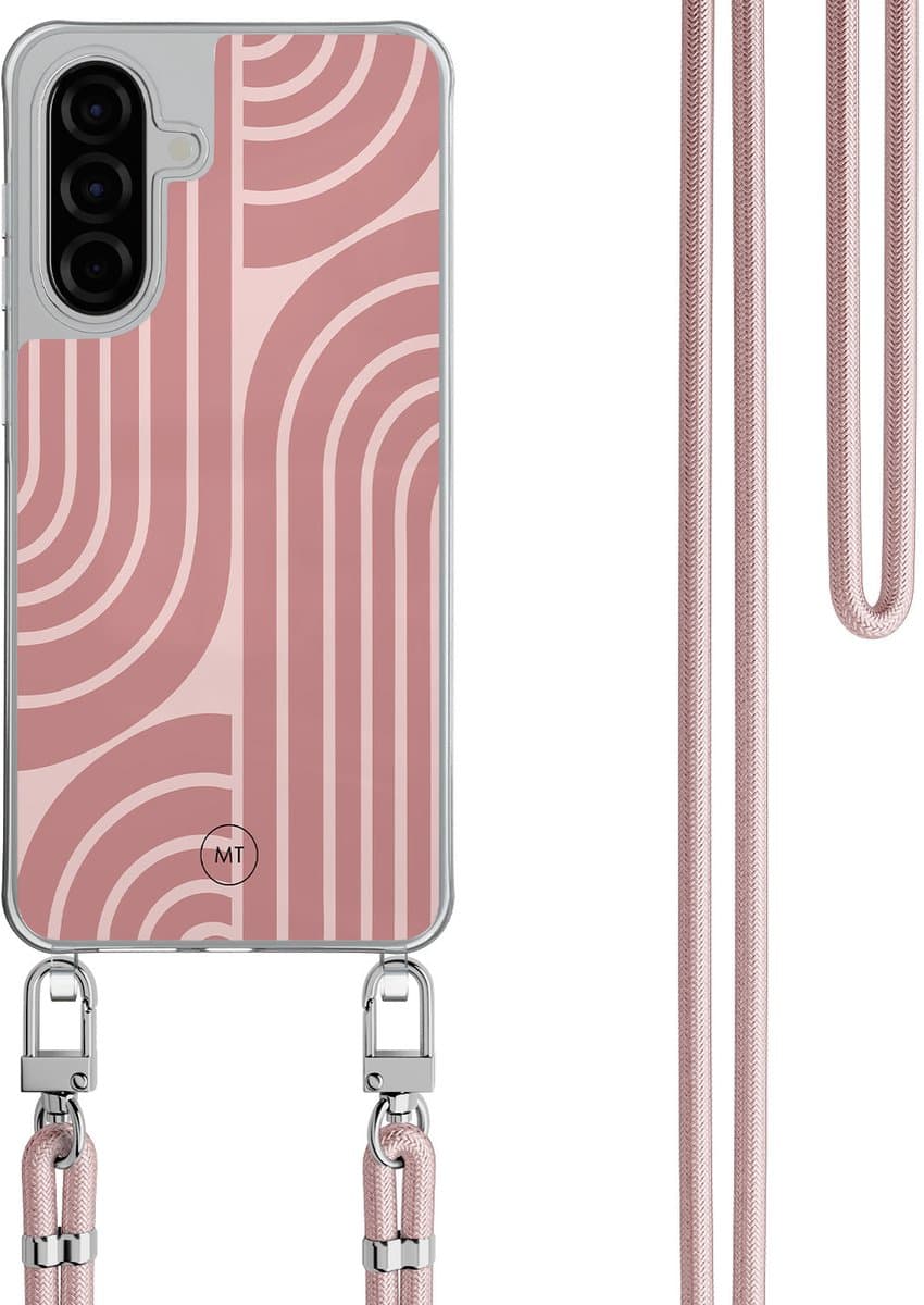 Hoesje met koord geschikt voor Samsung Galaxy A36 - Blush shapes - Inclusief Rosegoud koord - Crossbody beschermhoes - Transparant, Roze - Mooie Telefoonhoesjes