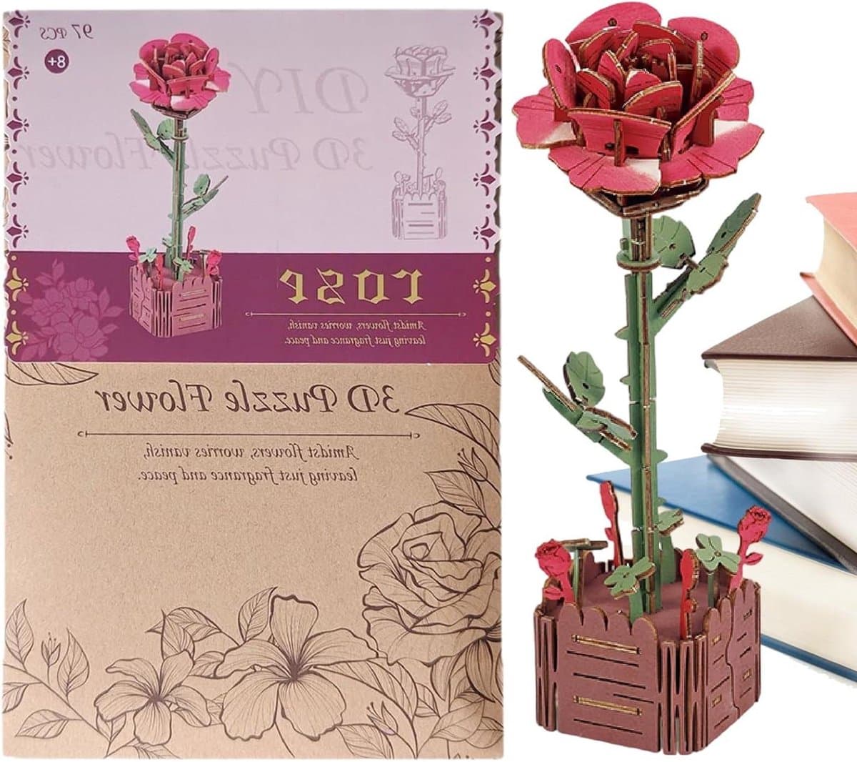 Houten 3D Puzzel - Bloem Decoratie - Huis Verfraaien - Gelaagd Bloem Design - 24 cm Breed - Houtkleur