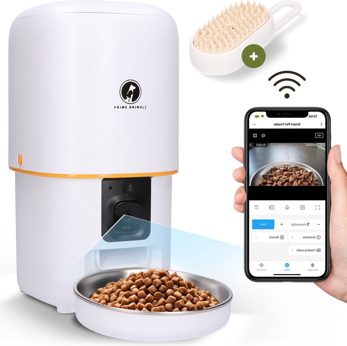 Compacte Automatische Voerbak Kat en Hond 4L met Stoomborstel – Voerautomaat met Camera – Full HD 1080P Night Vision – Two-Way Audio – Enkele Voerbak – App-bediening – Voerschema Instellen – Kattenvoerbak Automatisch – Prime AnimalZ – Wit