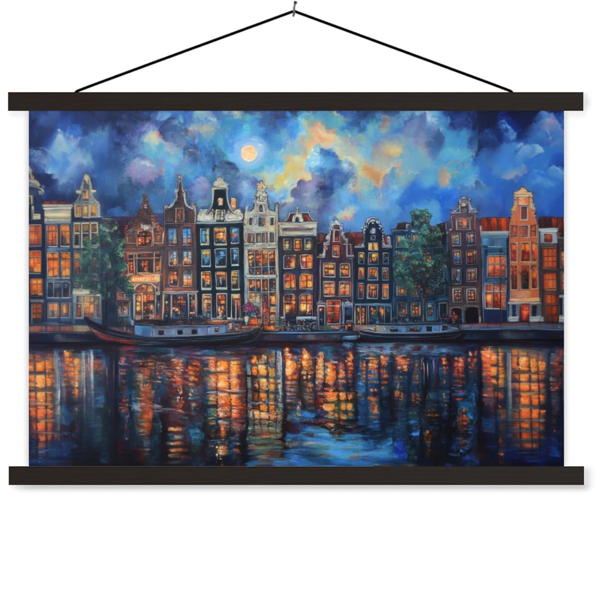 Posterhanger incl. Poster 150x100 cm - Schoolplaat - Grachten Amsterdam - Huizen - Stad - Kleurrijk - Textielposter - Zwarte latten
