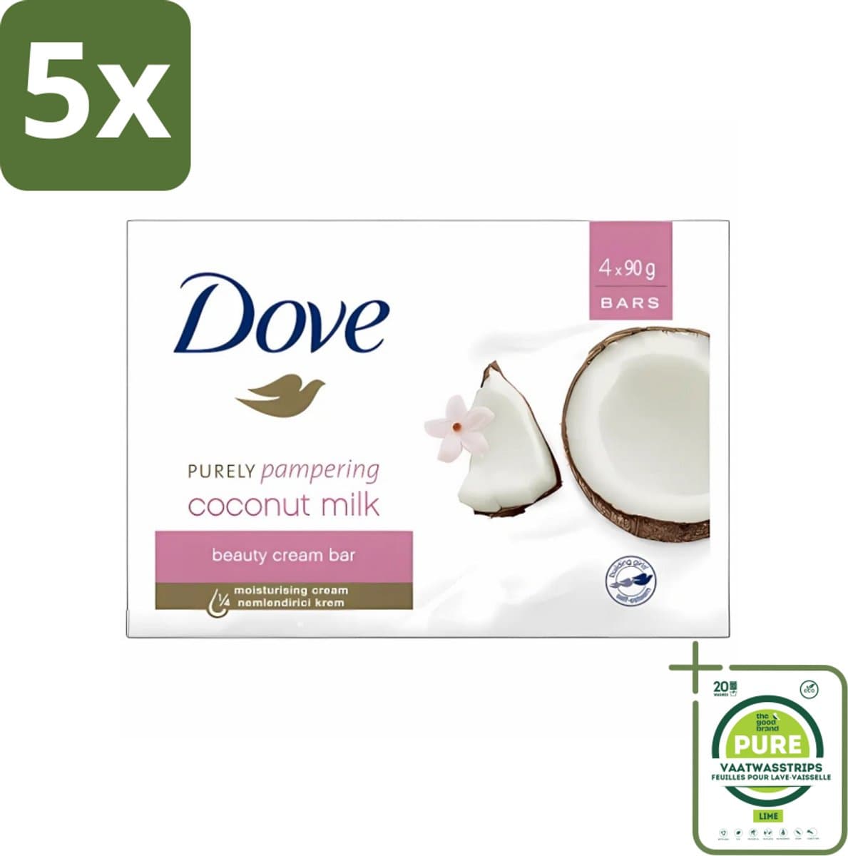 5 x Dove - Zeep - Purely Pampering - Kokos - Zacht en verzorgend - 4 x 100 g - Grootverpakking - Dove Zeep - Kokos Zeep - Jasmijn Zeep - Hydraterende Zeep - Wastabletten