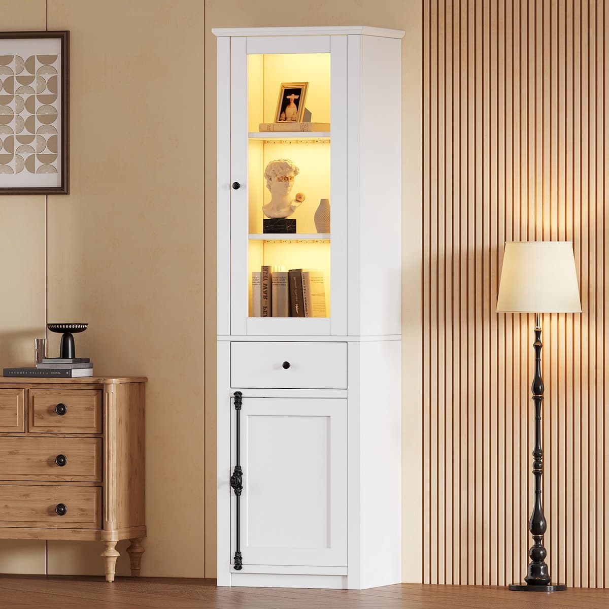 DESMIU Vitrinekast - Met Glazen Deur En Ledverlichting - Met Lade En 2 Deuren Voor Woonkamer En Eetkamer - Spaanplaat - 55x40x200 Cm - Wit