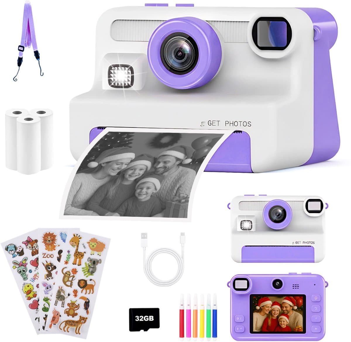 FOSMET Kindercamera met Printer - Selfie Camera - 30MP Full HD Digitale Camera Kinderen - 2,4 Inch Display - 8x Optische Zoom - Incl. 32GB SD-Kaart & 3 Rollen Printpapier - Digitale kindercamera - Cadeau voor 3-12 Jaar - Paars