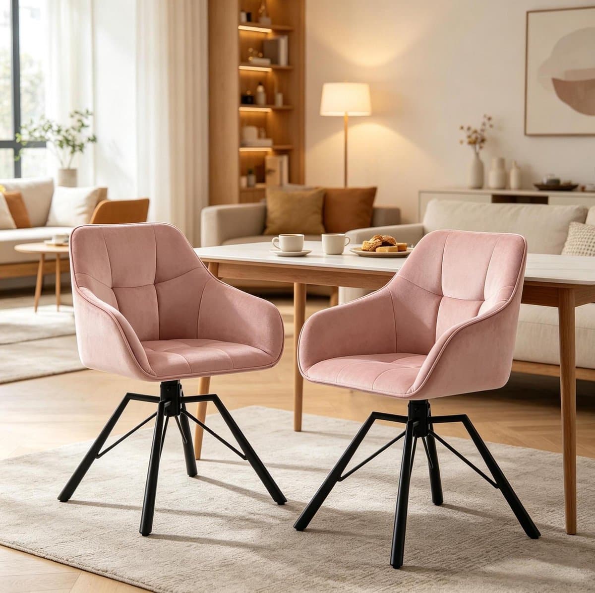 STILVORA Eetkamerstoel 58,5 Cm - Draaibare Kuipstoel Set Van 2 Met Armleuningen - Voor Eetkamer Keuken En Kaptafel - Velvet Metaal - Roze