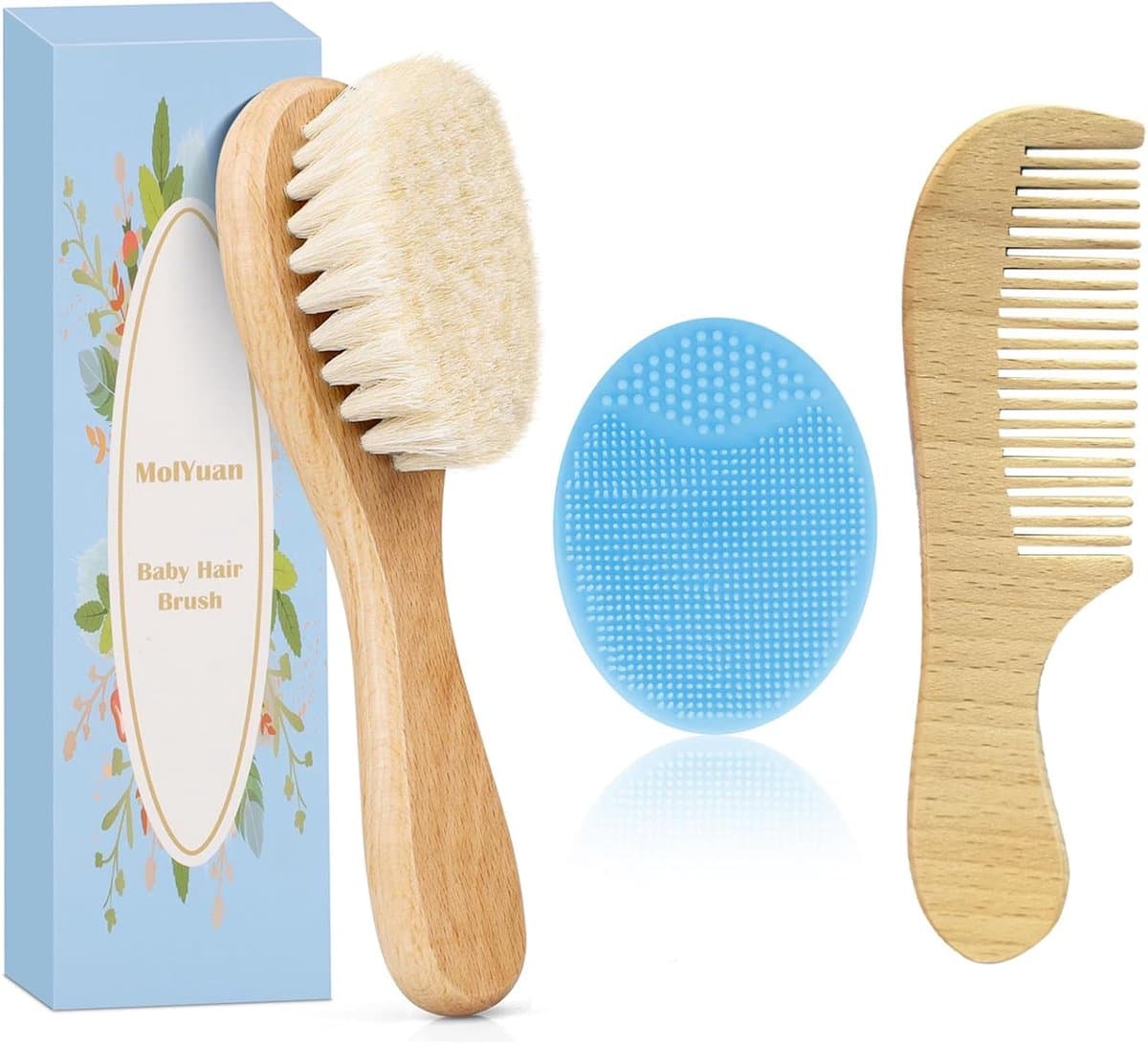 Thijox - Set van 3 Babyhaarborstels en Kammen - Natuurlijke Geitenhaarborstel, Houten Borstel en Blauwe Siliconen Haarmassager - Hypoallergeen en Veil