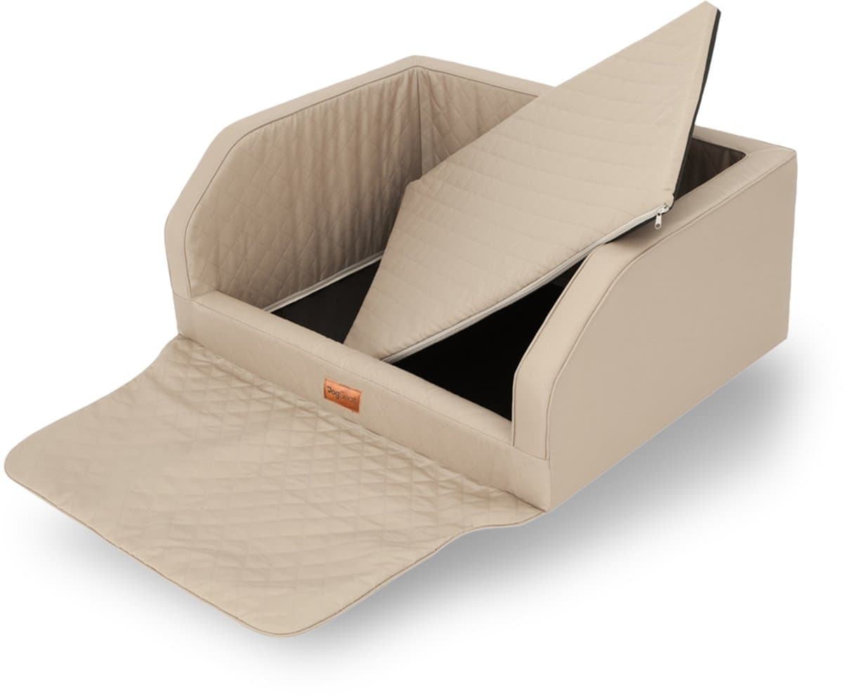 Hondenmand Auto Kofferbak – DogSeat® Bella Adventure – Luxe Premium Design – Beige Oxford Stof – Large – Waterafstotend – Met Veiligheidsriemen – Voor 1 of 2 Honden