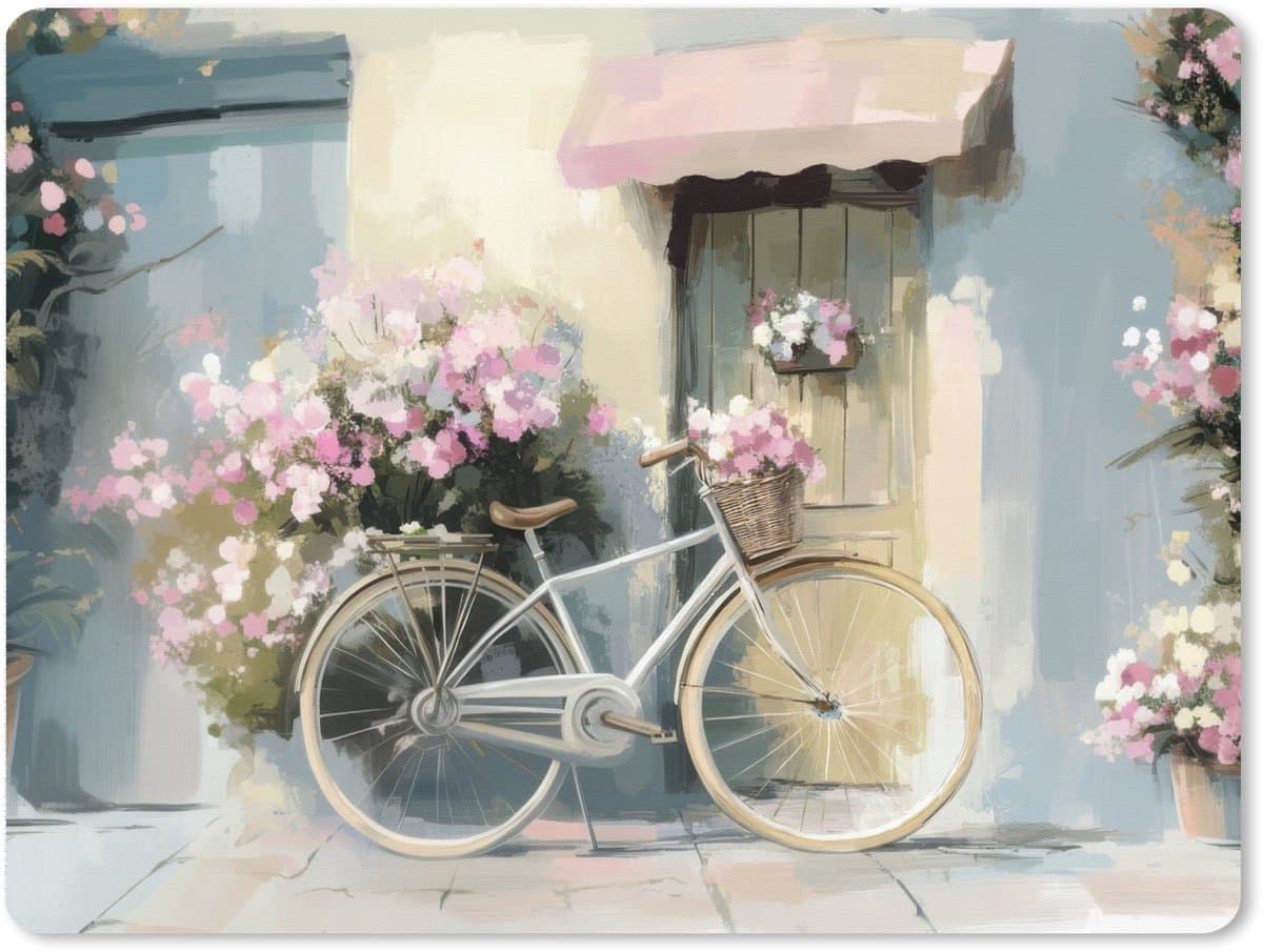 Muismat XXL 80x60 cm - Bureau onderlegger - Bureau mat Fiets - Pastelkleuren - Bloemen - Bureaumat - Gaming mousepad xl - Bureaulegger groot - Computer deskmat