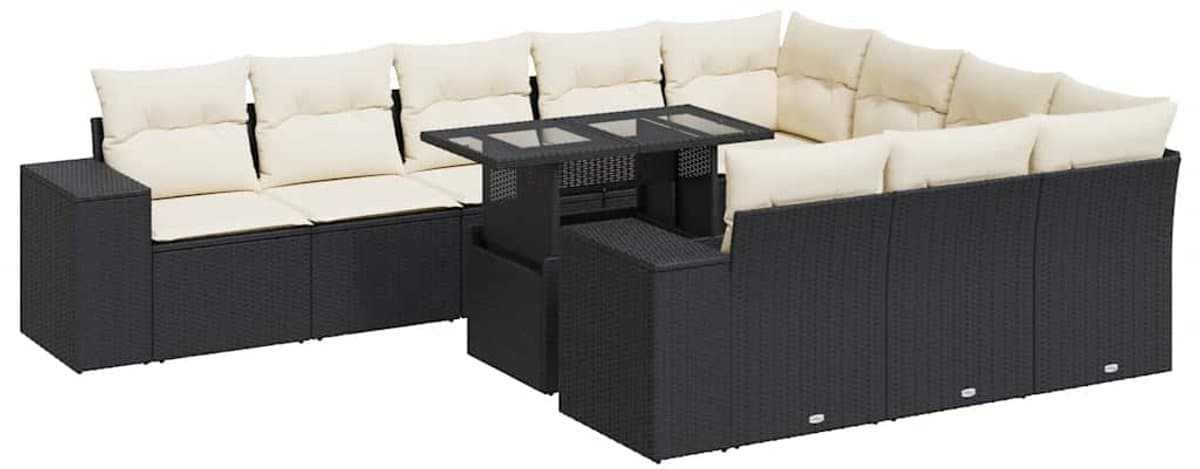 vidaXL - 11-delige - Loungeset - met - kussens - poly - rattan - zwart