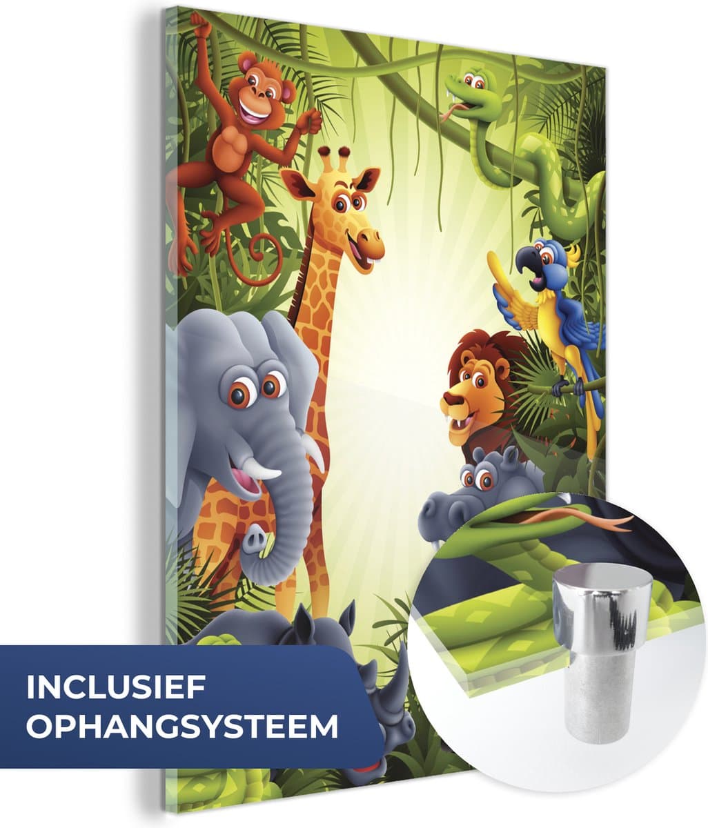 MuchoWow® Glasschilderij 60x80 cm - Schilderij acrylglas - Jungle - Jongens - Meiden - Baby - Olifant - Leeuw - Giraf - Foto op glas - Schilderijen