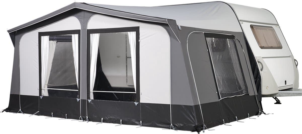 Campout Voortent Nova 250 – Omloopmaat 1001-1025 cm - Zonneluifel – Zonwering – Caravan – Schroefloze Bevestiging – Inclusief Tochtstrook, Wielflap, Tentharingen, Ladderspanners en Opbergtas – YKK ritsen – Naadloos Dak – Lichtgrijs