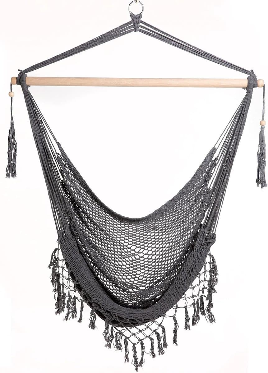 Hangstoel Netlook Grijs met Franjes - Comfortabele Katoen Hangmat voor Binnen en Buiten