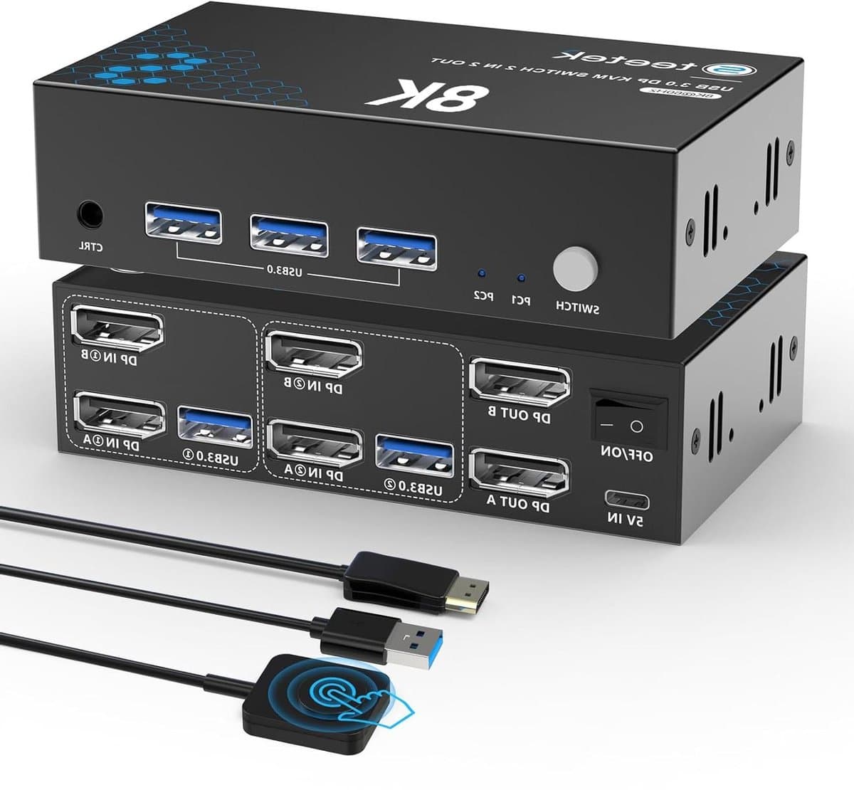 Displayport KVM Switch - Dual Monitor Switch - Twee PC's Beheren - 8K @60Hz Resolutie - USB 3.0 - Zwart