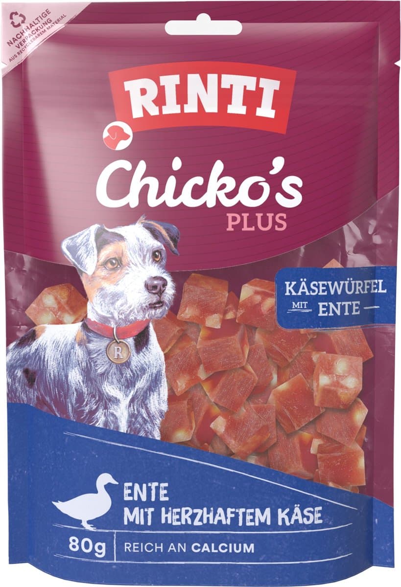 Rinti - Chicko Plus Snack 12x80g - Kaasblokjes met eend