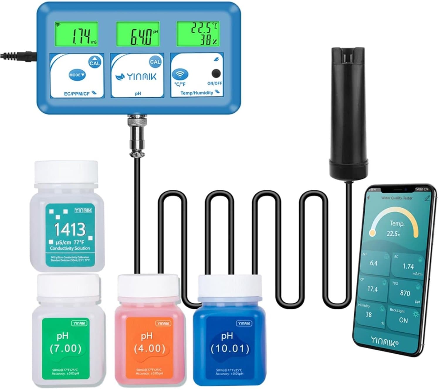 YINMIK pH Measuring Instrument EC Grow Digital pH EC Monitor Hydroponics Monitor 6 in 1 Water Quality Tester with ATC - ShopVlot