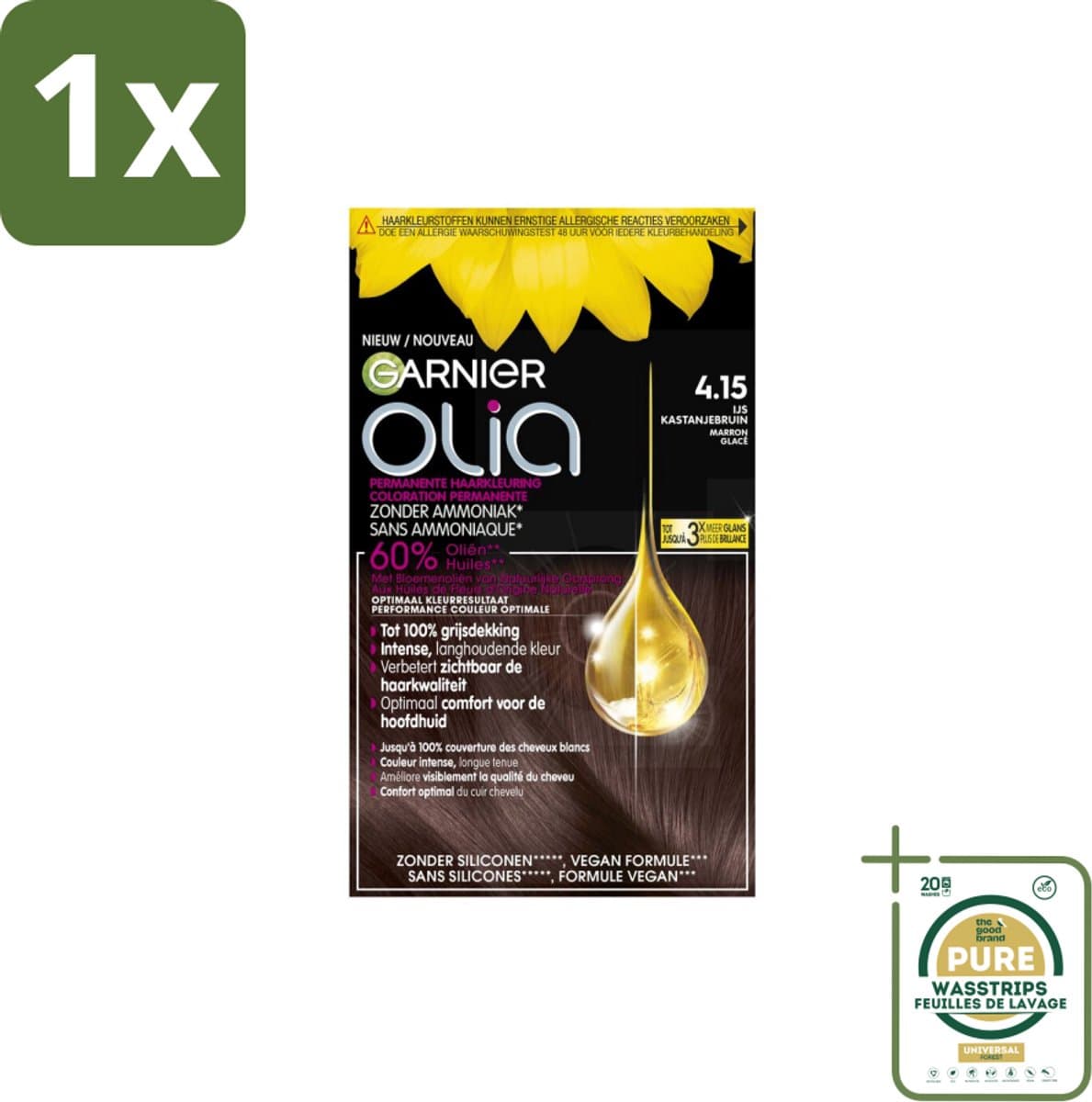 1 x Garnier - Olia 4.15 - Haarkleuring - Kastanje Middenbruin - Zonder Ammoniak - 100% Grijsdekking- Haarkleuring - Kastanje Middenbruin - Permanent Haarverf - Zonder Ammoniak - 100% Grijsdekking