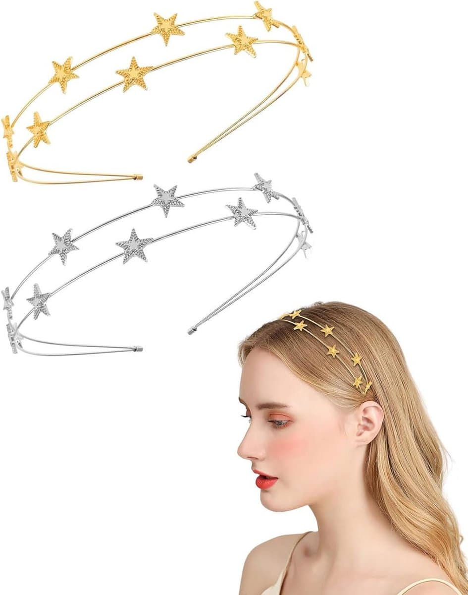 2x Ster Hoofdbanden Dames - Metaal & Strass Kristal Haaraccessoires Bruiloft Feest - Goud en Zilver