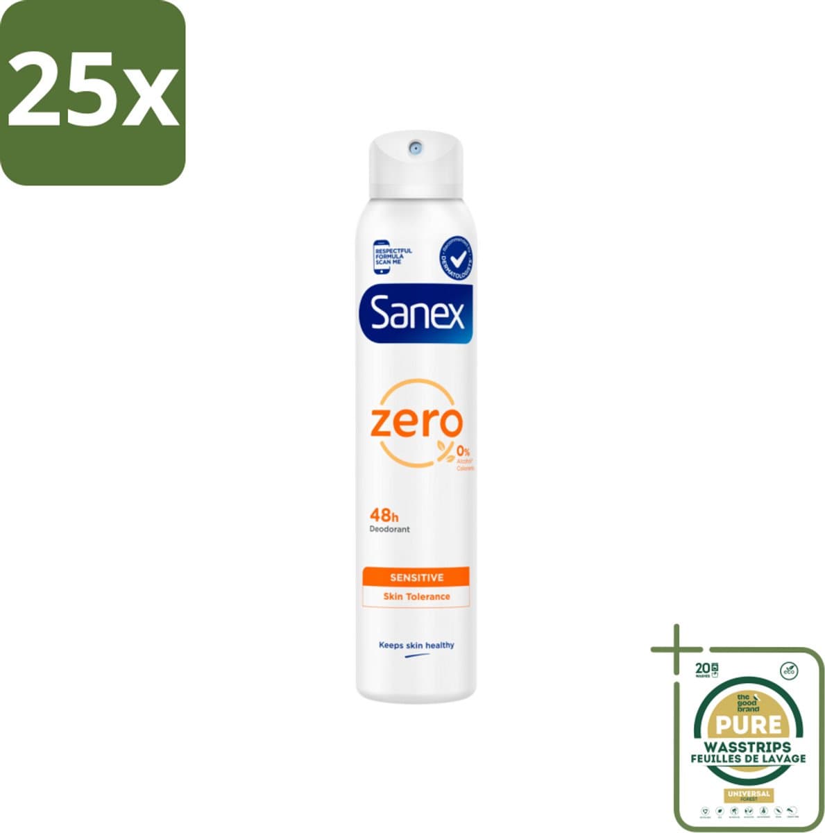 25 x Sanex - Deodorant Spray - Zero% Sensitive - Zonder Aluminiumzouten - 200 ml - Grootverpakking - Sanex Zero% Deodorant Spray - Gevoelige Huid - Gevoelige Huid Deodorant - 0% Aluminiumzouten - 0% Alcohol