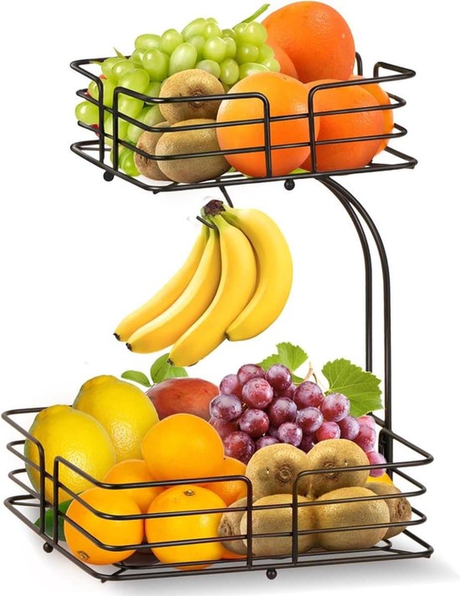 Fruitmand met 2 verdiepingen - Afneembare fruitschaal van metaal voor in de keuken - Zwarte fruitetagère met bananenhouder