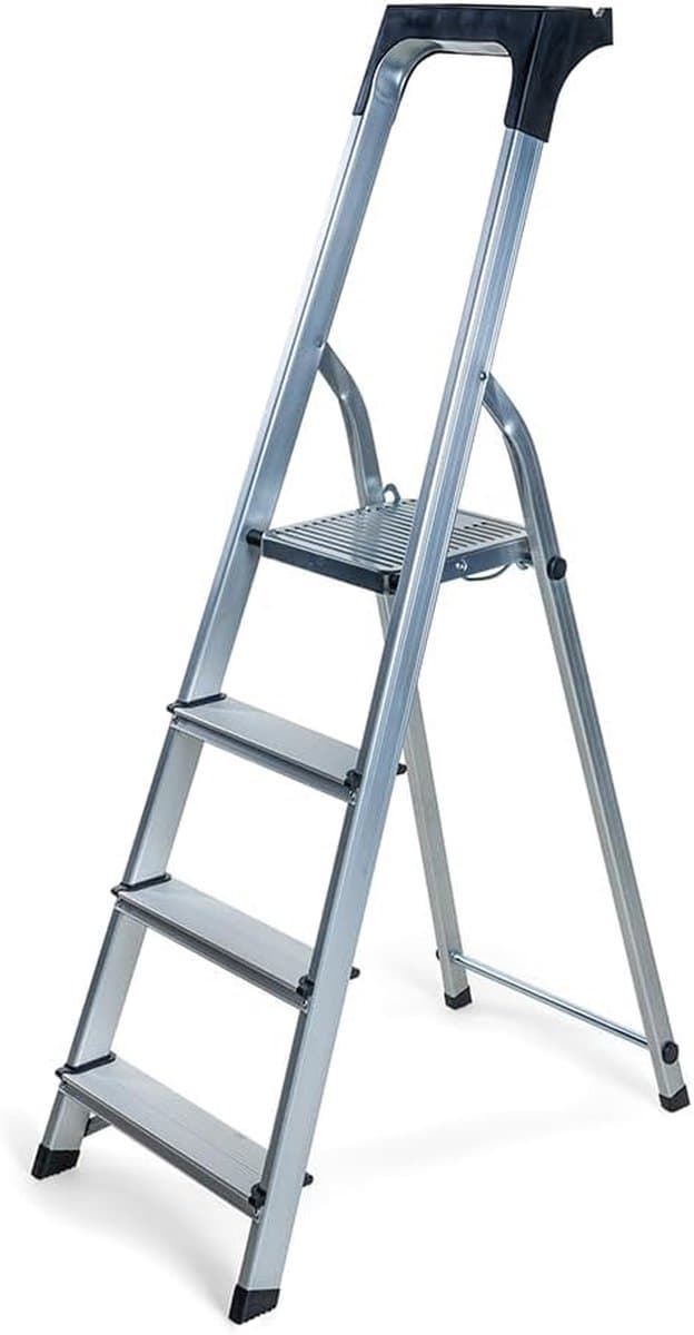 Huishoudtrap - Keukentrap 4 treden - Veilig Klussen - Extra Veiligheidsborging - 84 Centimeter - Zilver