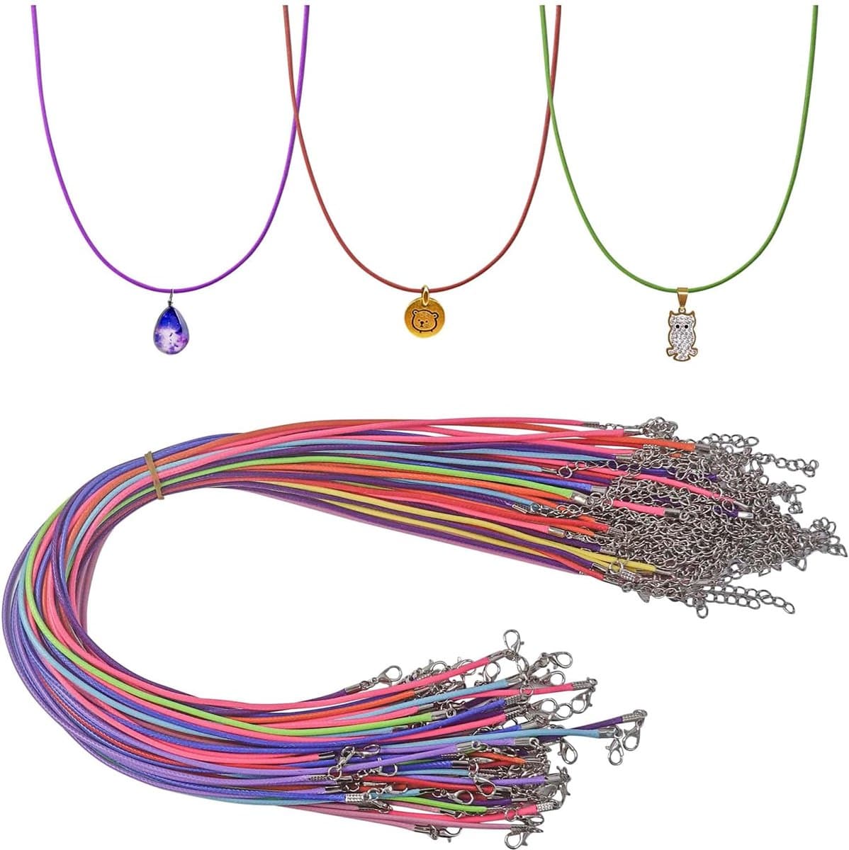 40 stuks koordjes van katoen, meerkleurig, 2 mm, waxkoorden met clipsluiting, sieraden maken, halsketting voor armbanden, om zelf te knutselen, dezelfde hangers