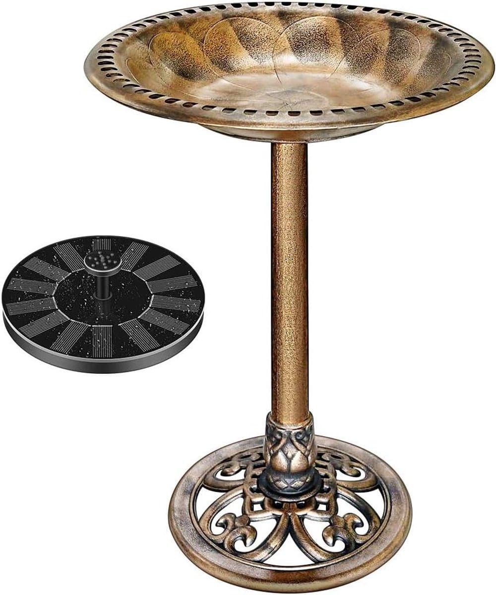 Vogelbad Fontein - Tuindecoratie Set - Vogels Verwelkomen - Zonne-energie Aangedreven - 71 cm Hoog - Koperkleurig