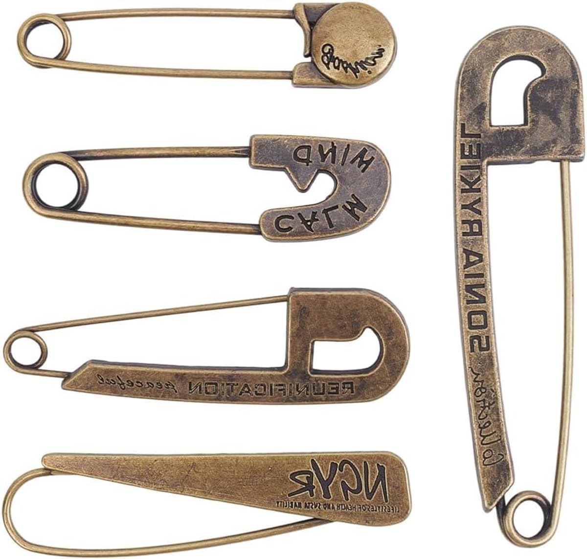 Grote veiligheidsspelden - Broche clips - Kleding versieren - Vijf unieke stijlen - Tot 9 cm - Antiek brons