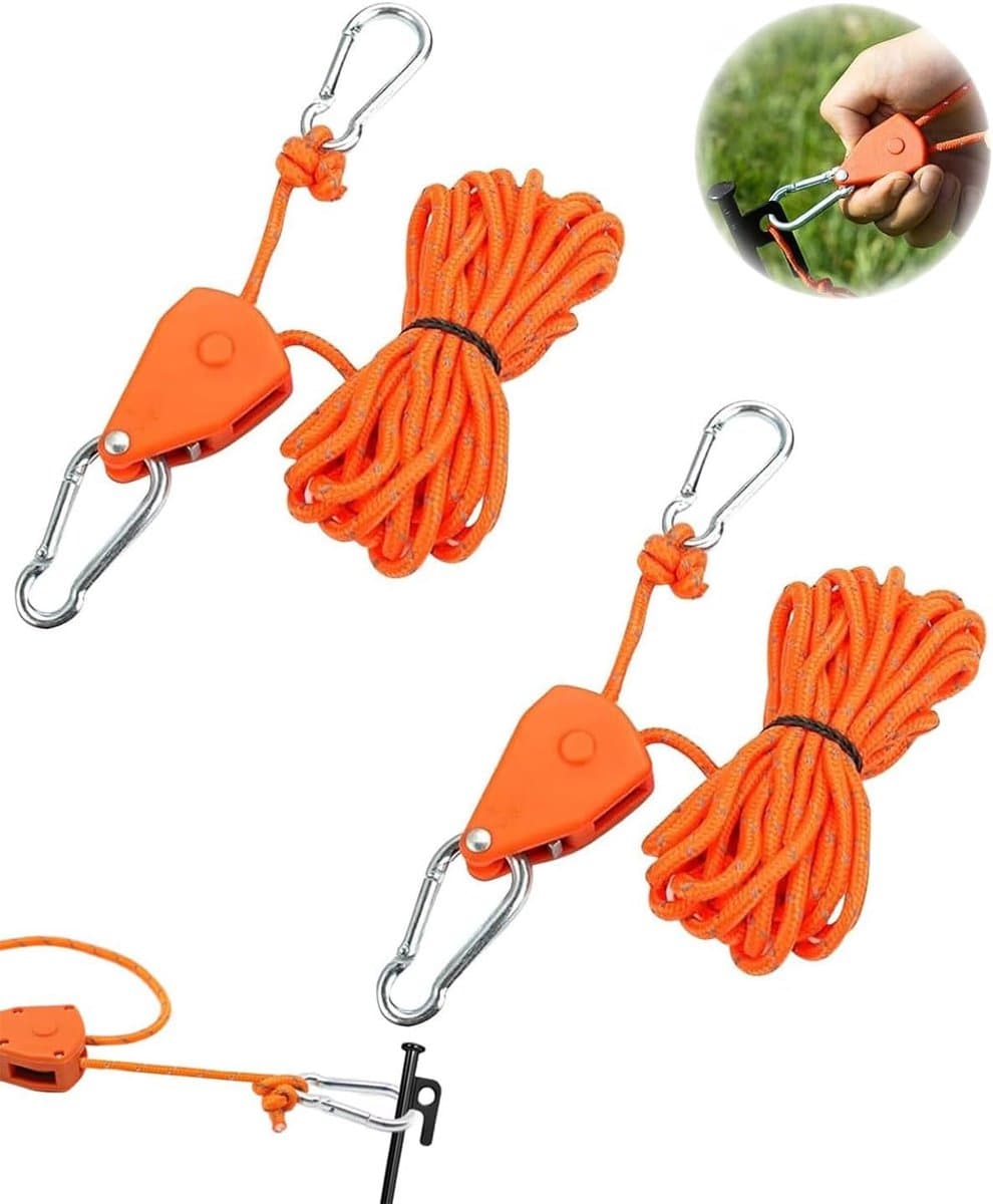 2 x reflecterende tenttouwen, 4 mm ratel met haak, 4 m touwen met spanner, nylon paracordtouw met regelaar van aluminium voor camping luifel