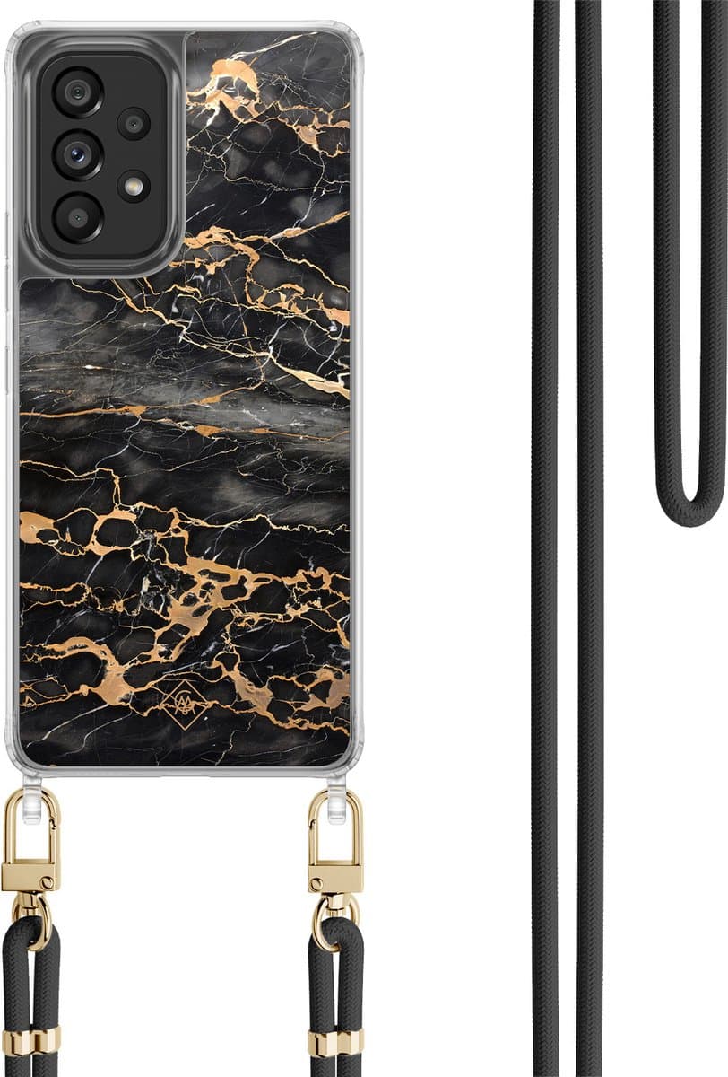 Casimoda® hoesje met koord - Geschikt voor Samsung A53 - Marmer Grijs Brons - Afneembaar koord - TPU/polycarbonaat - Zwart