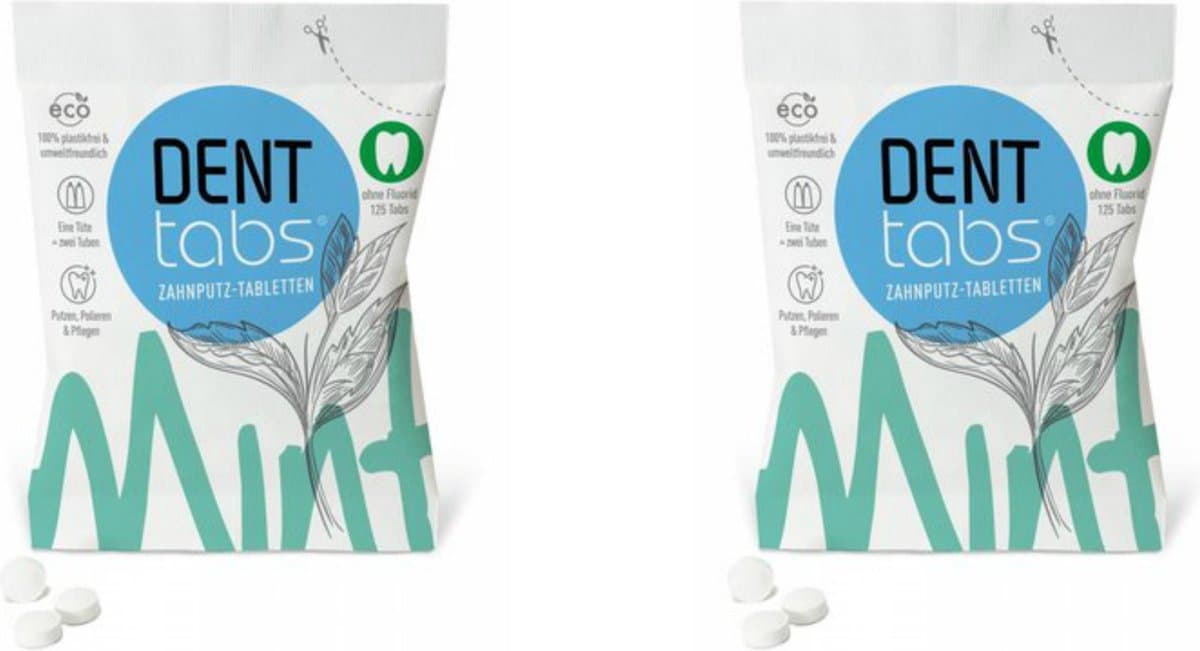 Denttabs tandpastatabletten Mint - zonder fluor - 2x 125 stuks - vegan - plasticvrij