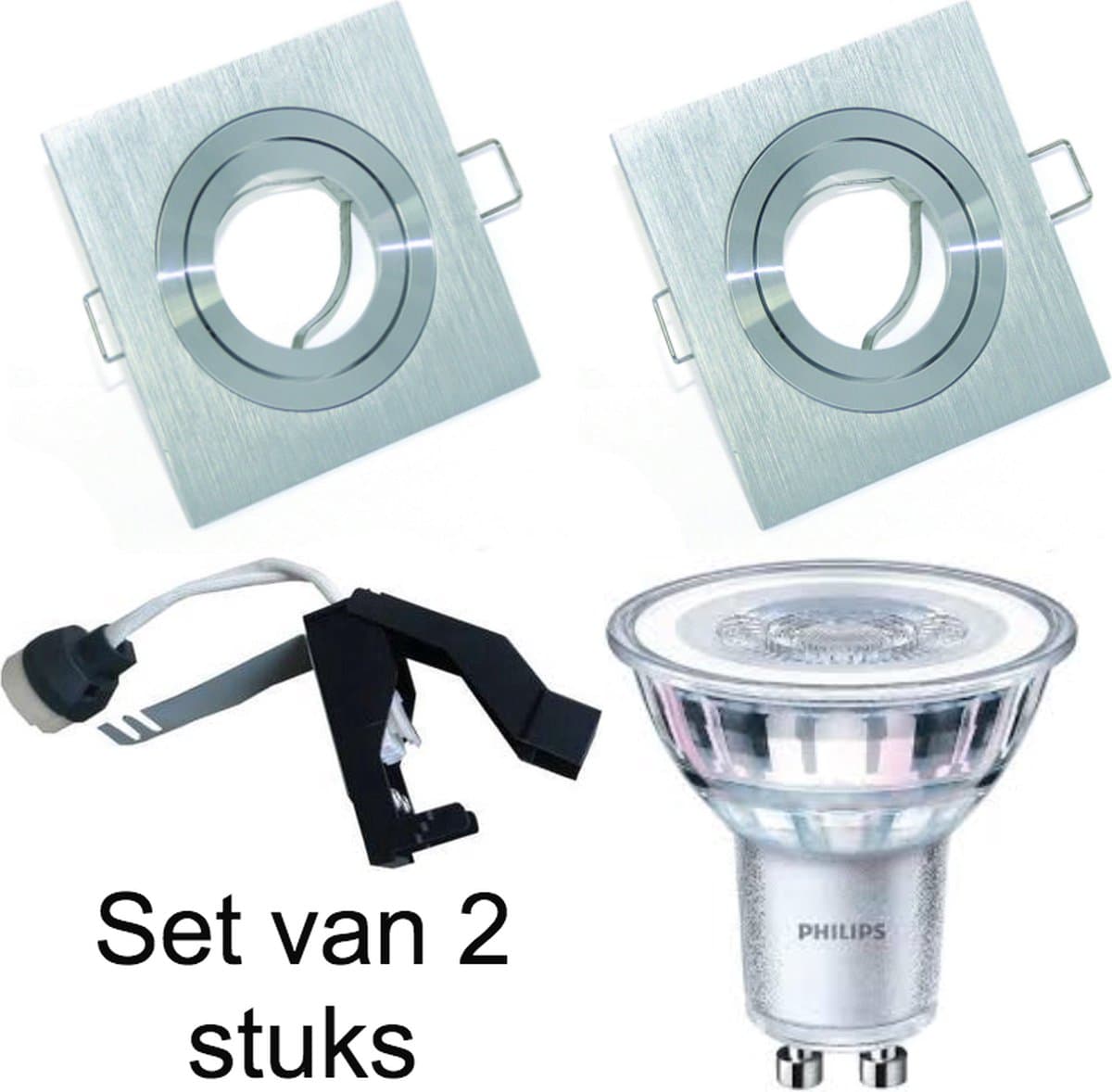 Inbouwspots aluminium met ledlamp set van 2 stuks 230 Volt - Led inbouwspot vierkant. Verstelbaar met dimbare ledlamp kleur 3000K - 230Volt inbouwspot met GU10 ledlamp 3000K.