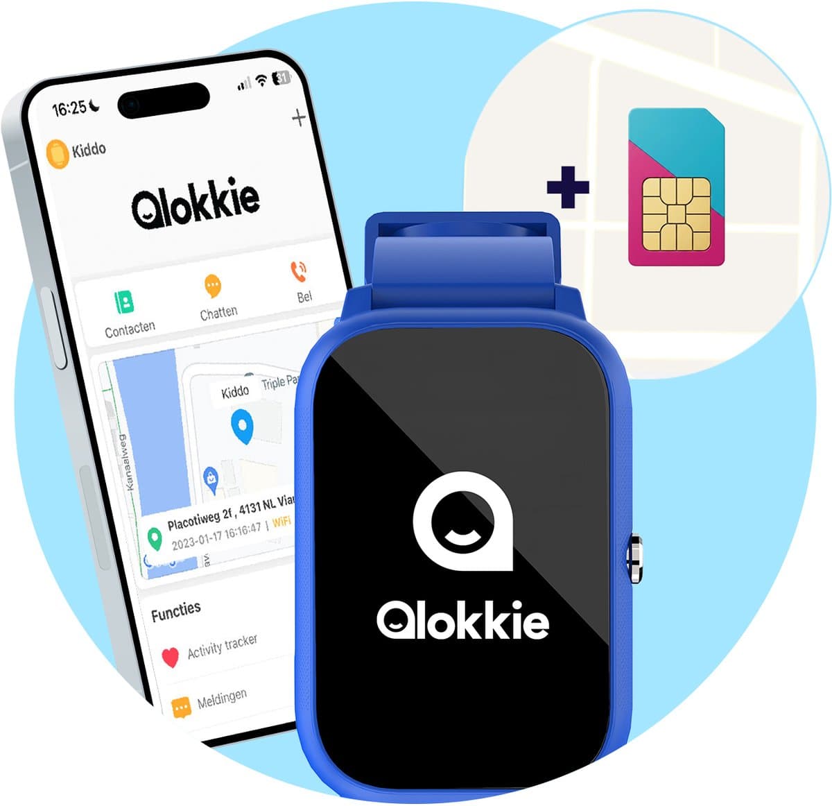 Qlokkie Kiddo Slim 2 Blauw – GPS horloge kind – Smartwatch kinderen – GPS tracker kind met nauwkeurige locatiebepaling – GPS horloge met simkaart – Videobellen – SOS functie – Stel veilige zones in – Waterdicht IP68
