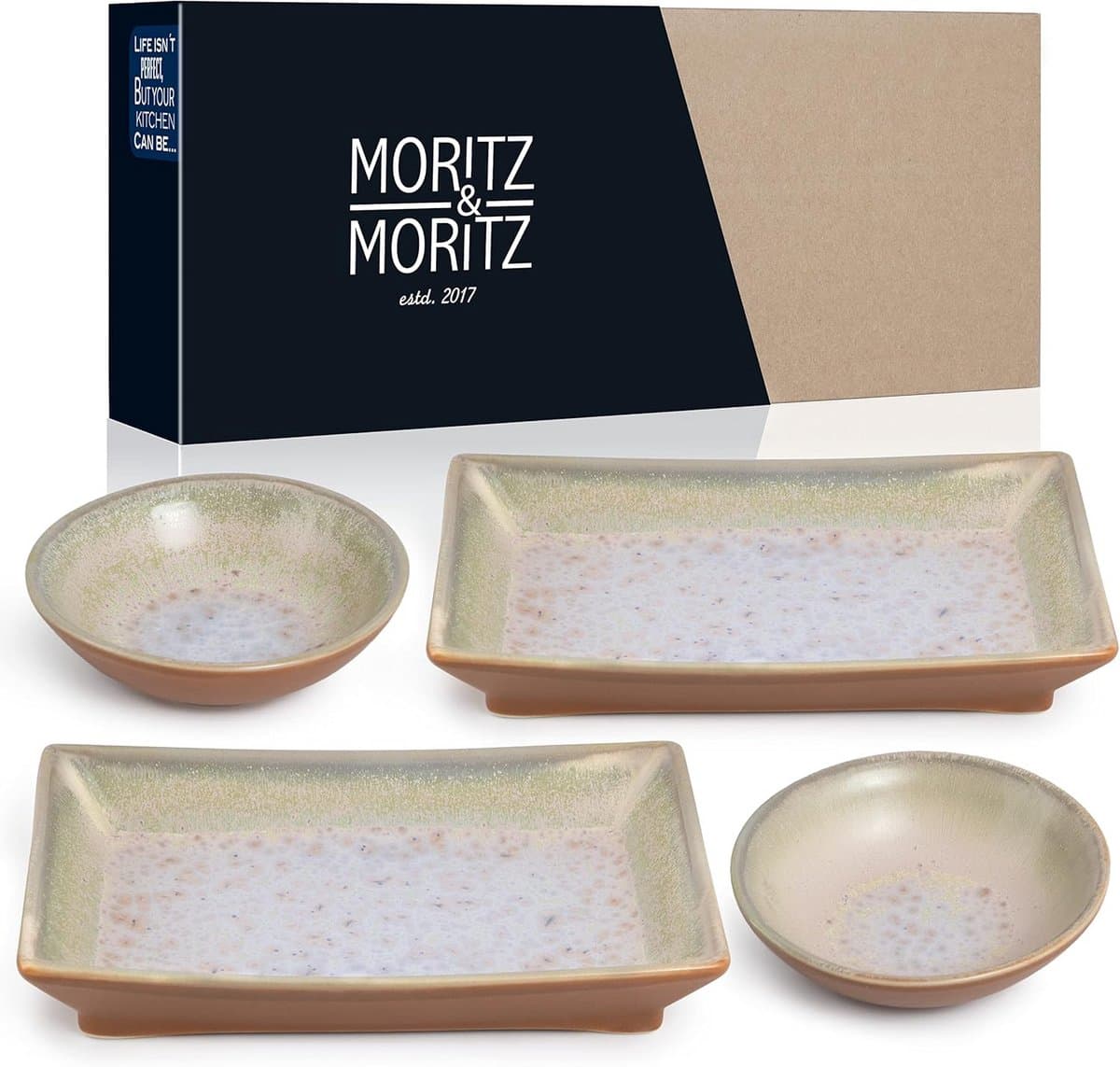 Sushi serviesset - Dip schaaltjes - Japans dineren - Uniek reactief glazuur - 4-delig - Beige paars