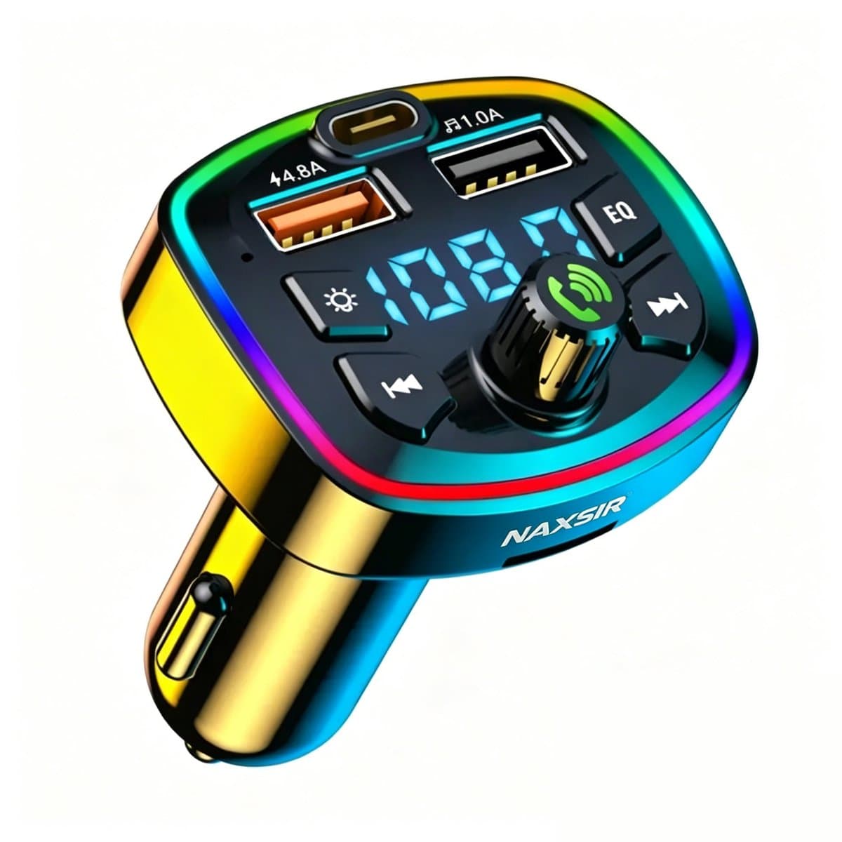 NAXSIR Autolader met Bluetooth, MP3-speler, FM-transmitter en RGB-sfeerverlichting – universeel voor auto