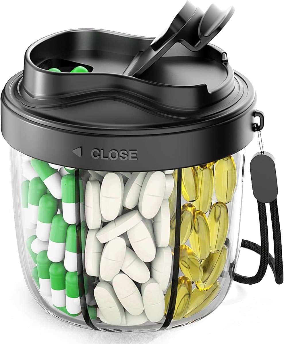 Tablettenbox 7 dagen 's ochtends 's middags 's avonds – ronde medicijnbox met 7 vakken, brede opening & anti-verwarring ontwerp, BPA-vrij, ideaal voor op reis. Inclusief 20 zelfklevende etiketten