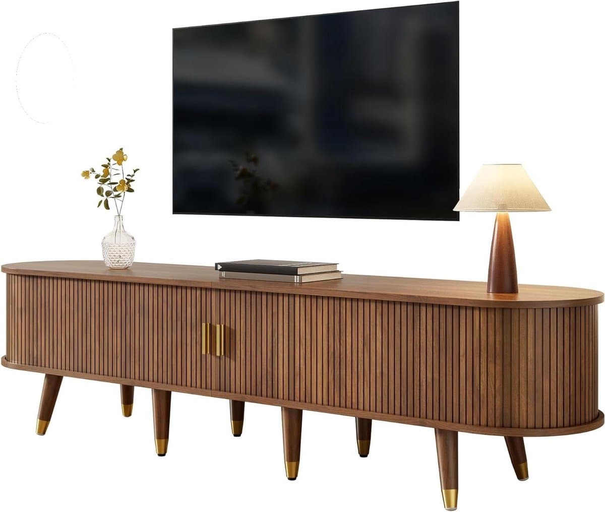 HAINEW TV Cabinet, TV Cabinet with 2 Sliding Doors and 2 Drawers, TV Table, TV Cabinet with 6 Storage Compartments and Oval Table Top for Living Room, Bedroom, Wood Colour, 175 x 38 x 45 cm