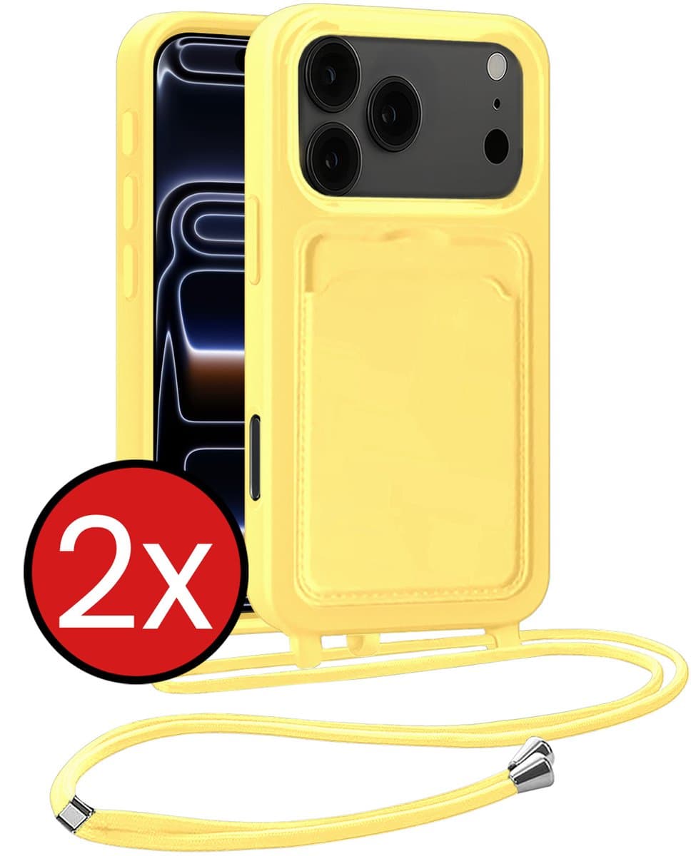 Hoesje Geschikt voor iPhone 17 Pro Max Hoesje Met Telefoonkoord en Pasjeshouder Siliconen - Hoes Geschikt voor iPhone 17 Pro Max Hoesje Met Kaarthouder Case - Geel - 2 PACK