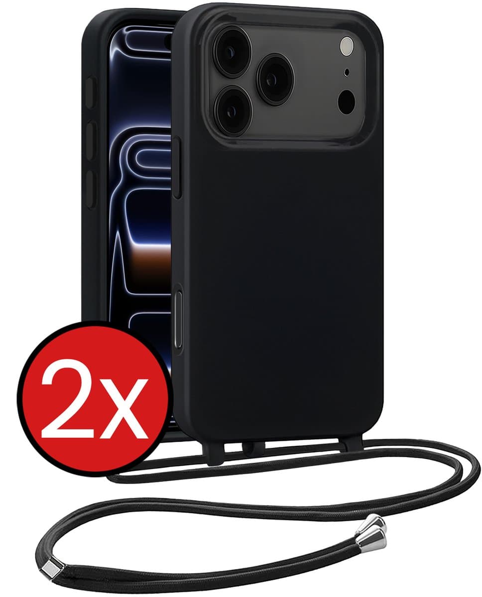 Hoesje Geschikt voor iPhone 17 Pro Hoesje Siliconen Case Met Koord - Hoes Geschikt voor iPhone 17 Pro Hoesje Backcover Met Telefoonkoord - Zwart - 2 PACK