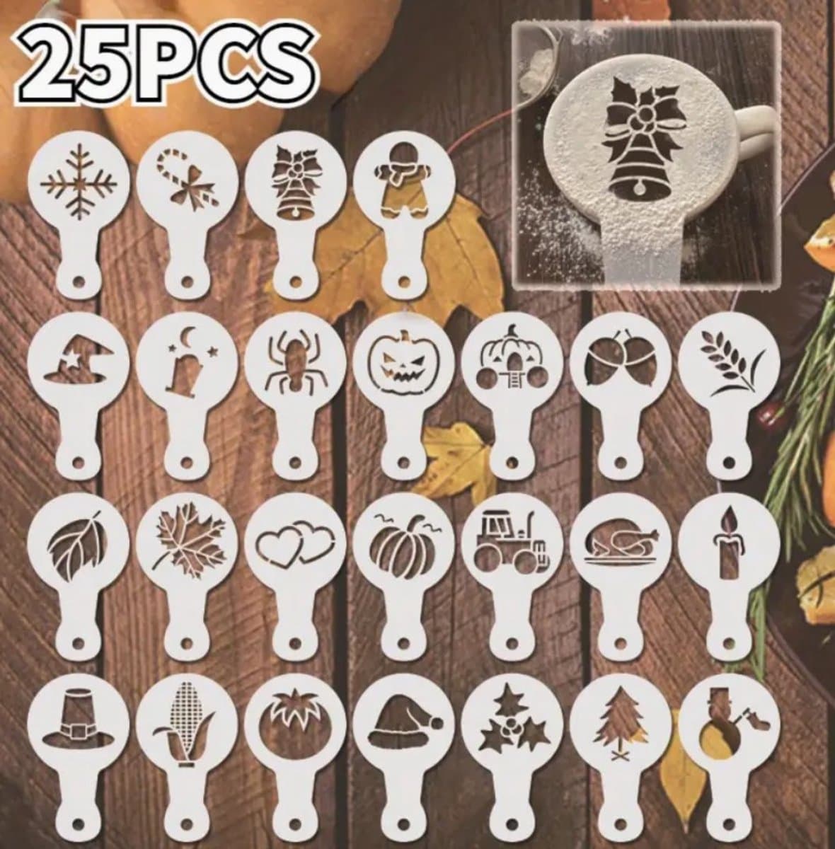 Koffie Decoratie Herbruikbare Stencils - 25 Stuks - Halloween - Kerst - Thanksgiving - Winter - Herfst - Zomer Templates - Barista - Cappuccino Cacao sjabloon - Strooipad - Duster - Latte Art - Poeder Figuren - Sjablonen - 13 x 8.5 cm - Handlettering