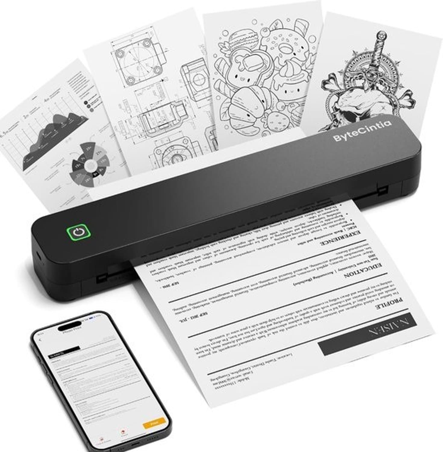 Draagbare printer - Mobiele printer - Reizen en kantoor - Inktloze thermische technologie - A4-formaat - Zwart