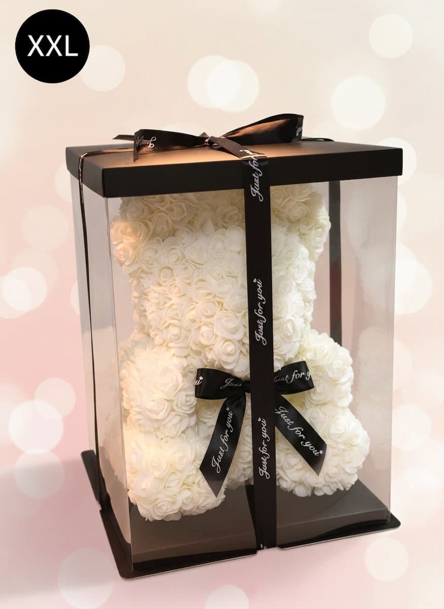 XXL - 40 cm - Rose Bear met strik & giftbox - Rozen Beer - Valentijn - Kerst - Romantisch Liefdes cadeautje - Cadeau voor vrouw - Huwelijk - Vriendin - Wit