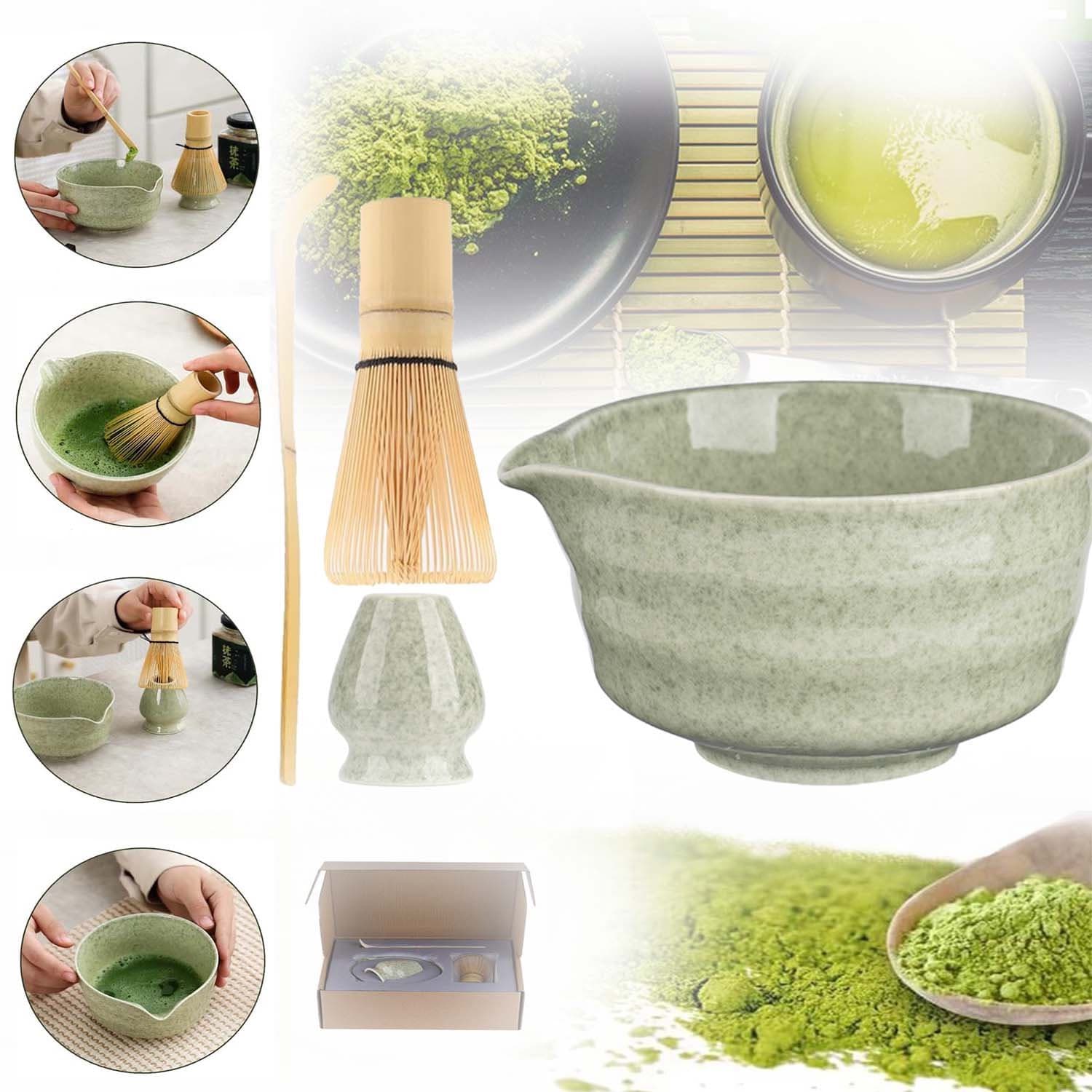 4-Delige Matcha Garde Set, Handgemaakte Set Voor Het Bereiden Van Matcha, Klopper, Kom, Matcha-Lepel en Klopperhouder.