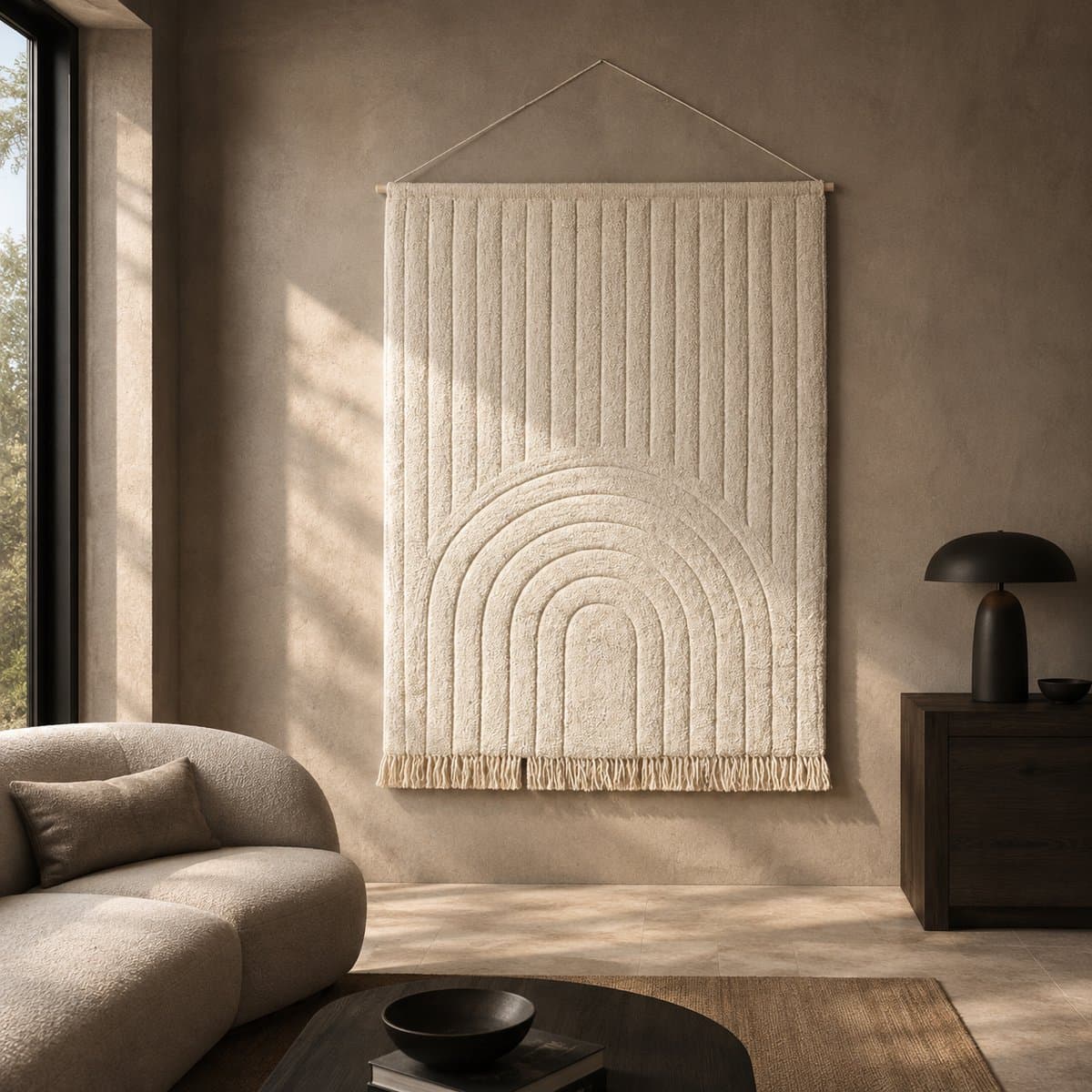 Fameilleur Groot Japandi Wandkleed Crème 160 x 120 cm – 100% Katoenen Wanddecoratie met Houten Ophangframe – Boho Wandtapijt met Reliëf, Boogpatroon en Franjes – Luxe Muurdecoratie voor Woonkamer en Slaapkamer- wand kleed- kleed voor aan de muur