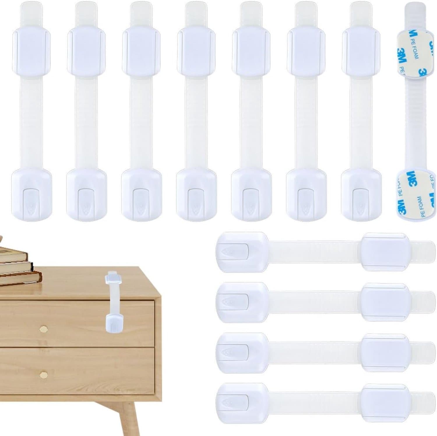 Set van 12 Veiligheidsloten voor Kinderen voor Kasten en Lades - Geen Boren, Verstelbare Lengte, Ideaal voor Keukenkasten en Koelkasten, Wit