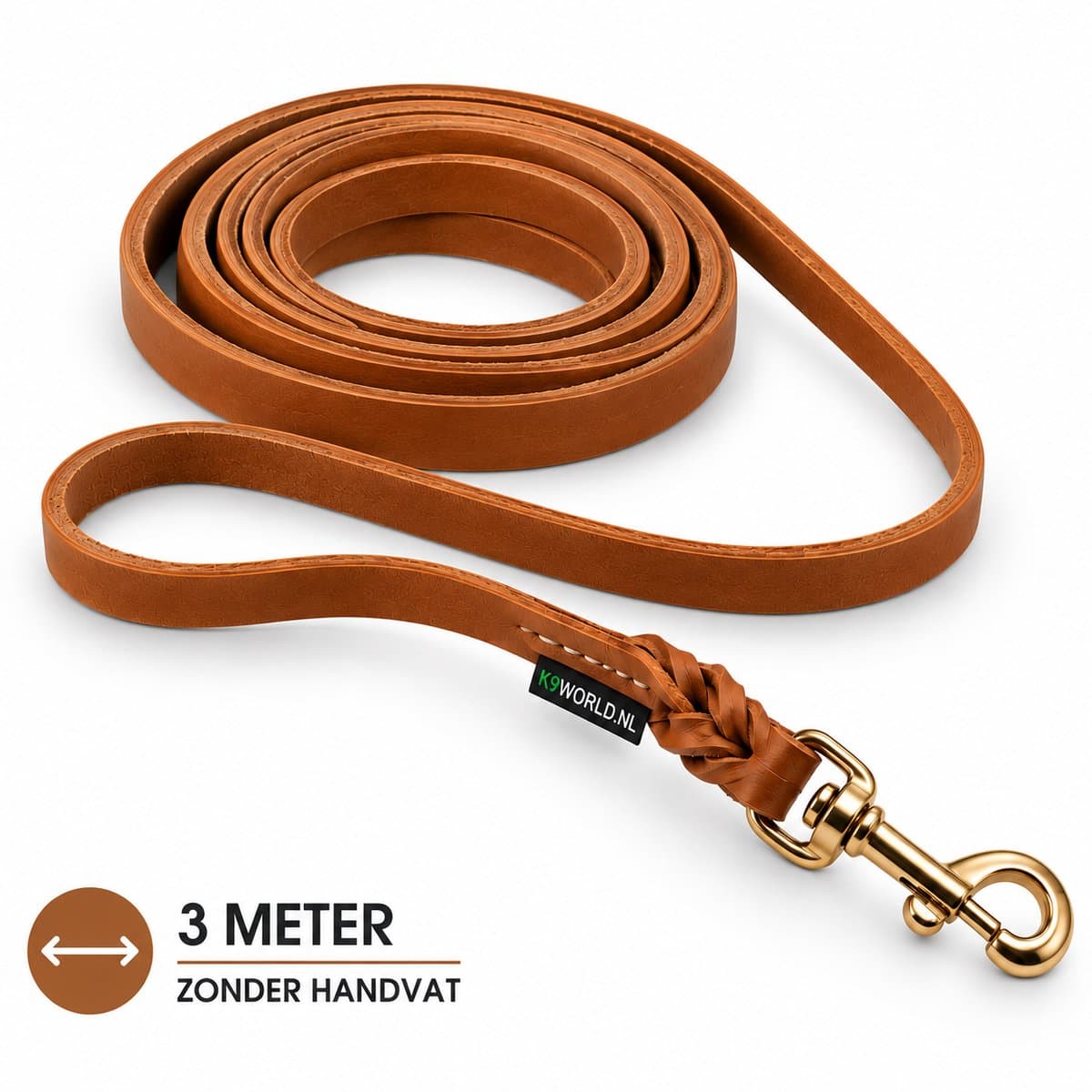 K9World by van der Veeke, Leren Hondenriem Zonder Handvat – 12 mm – 3 meter Lange Lijn / Trainingslijn – Echt Leer – Handgemaakt - Cognac Bruin - Sterke Messing Musketon