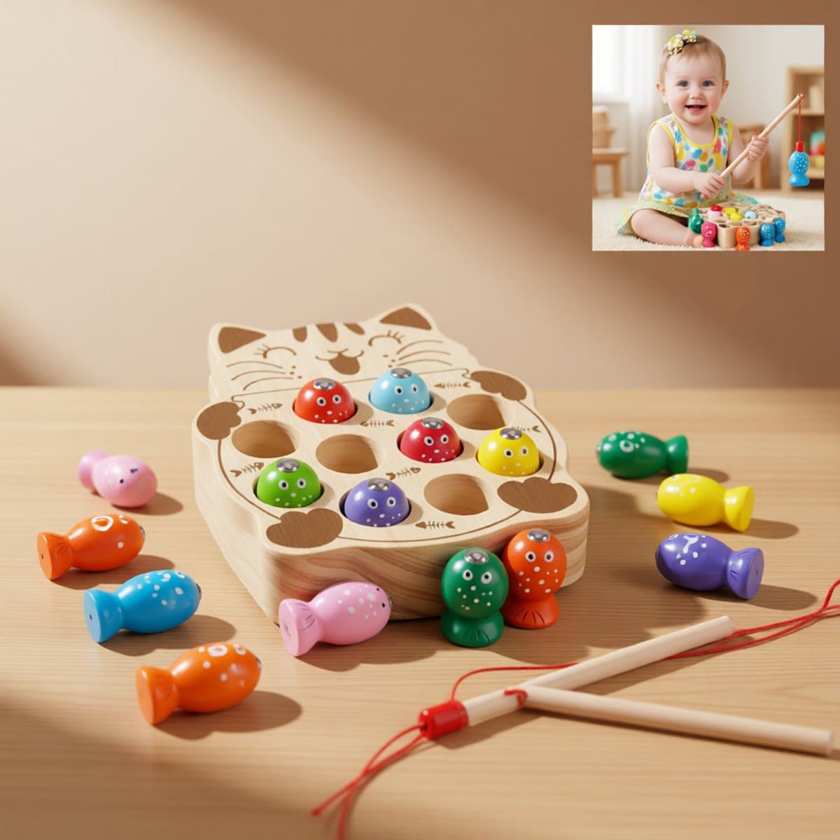 Houten magnetisch visspel voor kinderen vanaf 2 jaar met kattenmotief, educatief Montessori speelgoed met 10 genummerde vissen en 2 hengels
