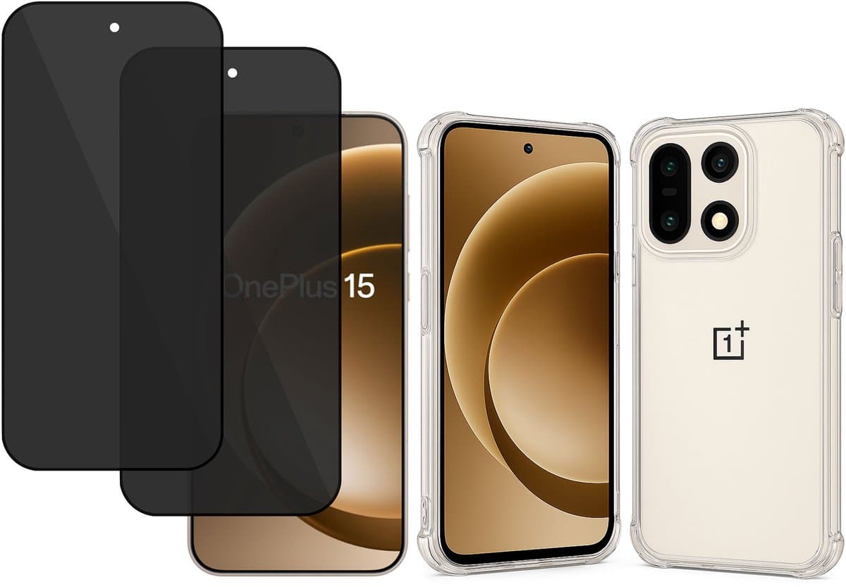 TechNow Hoesje + 2x Privé Screenprotector geschikt voor OnePlus 15 Hoesje Screenprotector - Privacy Tempered Glass - Case Transparant